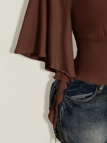 SHEIN ICON 女款大尺碼交叉V領荷葉袖休閒T恤 - 咖啡棕 - 查看 7