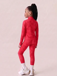 女童粉色蝴蝶結印花夾克與長褲套裝，專為小女孩設計，採用柔軟彈性面料製成，舒適適合全天穿著，適用於玩耍、戶外活動與休閒穿著，時尚實用的四季套裝 - 紅色 - 查看 4