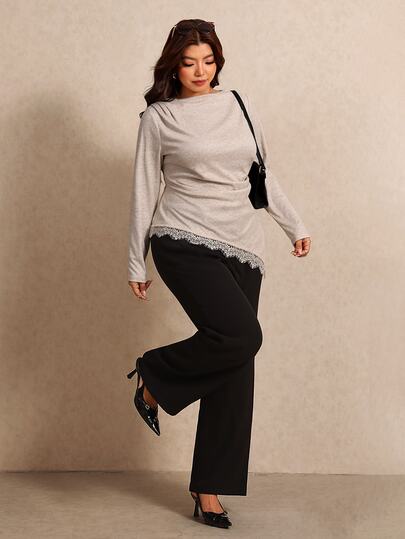 Elaquor Plus Size French Lace Patchwork Asymmetrical Hem T-Shirt