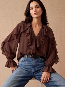 CielaLinda Women's Brown Ruffle Chiffon Blouse, Long Sleeve Elegant Shirt, Flowy Feminine Top - Brown - View 1