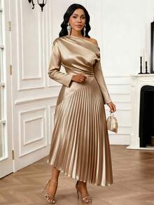 SHEIN Lady Plus Size Elegant Asymmetrical Shoulder Ruched Waist Pleated Patchwork Dress - Gold - View 6