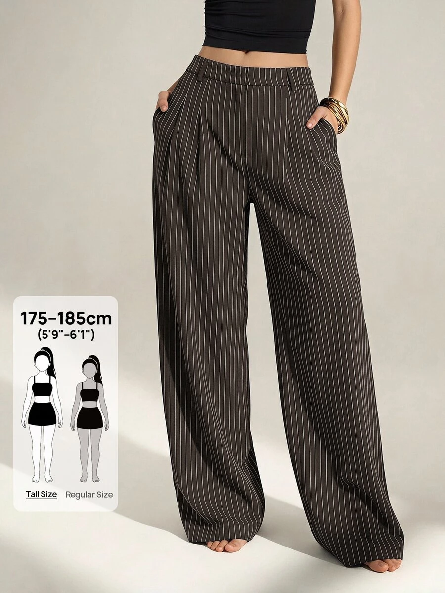 SHEIN Tall 女款休閒通勤條紋寬腿長褲 - 咖啡棕 - 查看 1
