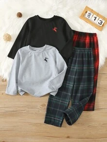 SHEIN 4件組兒童小男孩秋冬針織圓領長袖套頭上衣與格紋長褲睡衣套裝，聖誕居家休閒服套裝，男孩套裝 - 彩色 - 查看 3