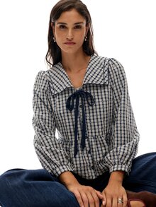 Nöista Blouse With Check Fabric, Tie On The Front In Contrast Blue Color, Balloon Sleeves And Peplum Shape, Perfect To Elevate Your Everyday  In Fall Winter - Royal Blue - View 1