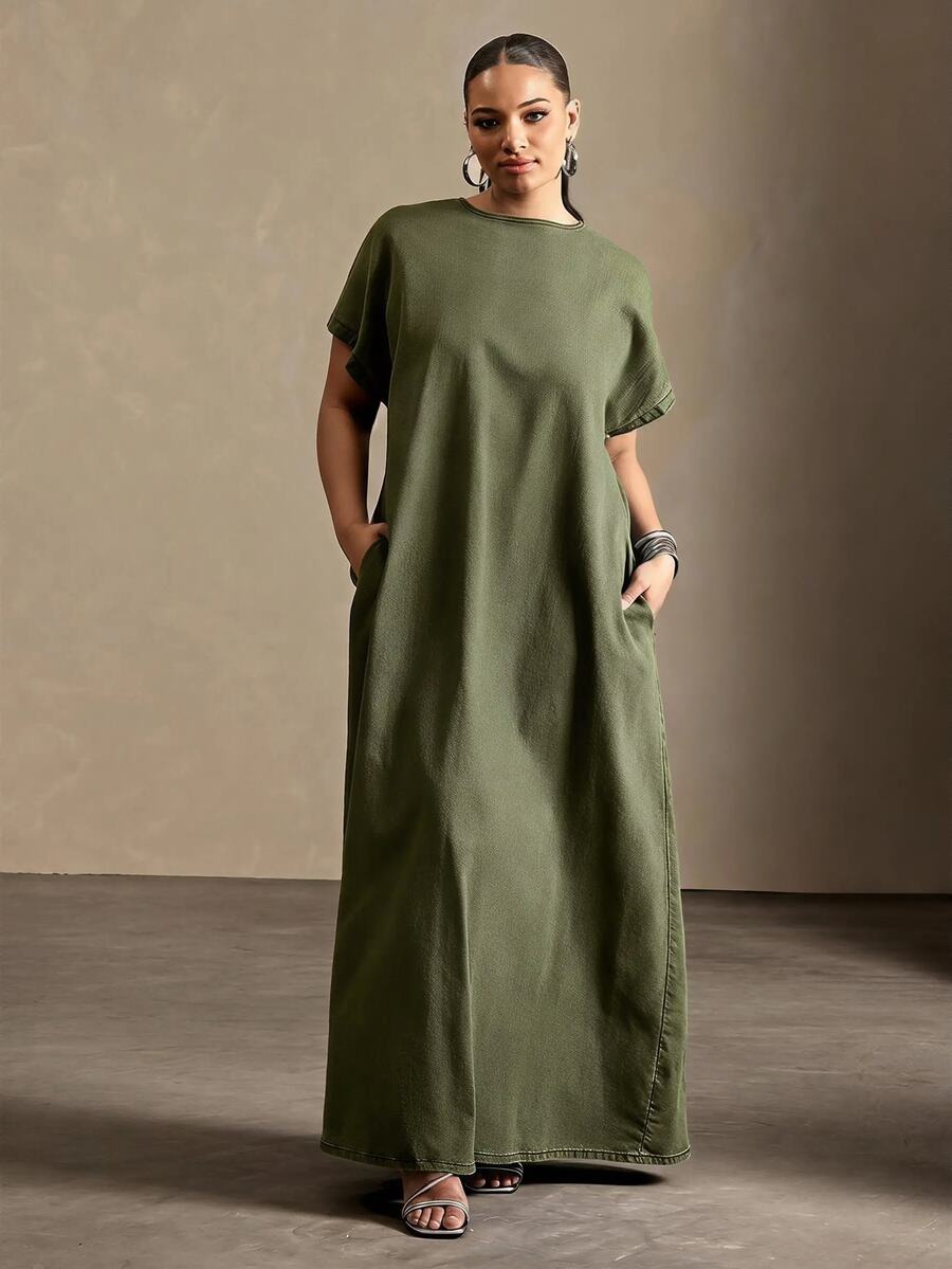 Vixey Plus Size Women's Casual Everyday Summer Denim Dress - Army Green - View 1