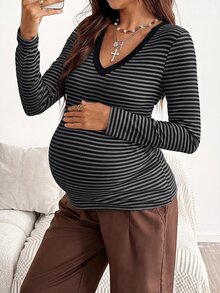 SHEIN Maternity Simple Versatile Striped Colorblock Long Sleeve T-Shirt - Grey - View 5