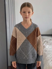DAZY (Gadis Remaja) Sweater Tebal Lengan Panjang Longgar Kasual Leher V Motif Kotak-kotak Blok Warna, Musim Gugur/Dingin - Khaki - View 8