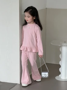 DAZY Young Girl Letter Print Ruffle Hem T-Shirt And Flare Pants Casual Set - Baby Blue - View 5