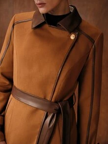MOTF SHORT PREMIUM LAPEL WAIST-CINCHING TIE-FRONT CONTRAST COLOR WOOL BLEND OVERCOAT FOR WOMEN - Rust Brown - View 2