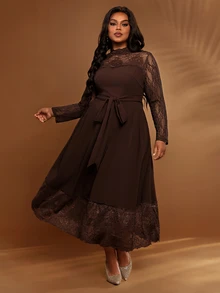 BrightlyHer Plus Size Solid Brown Lace Patchwork Stand Collar Long Sleeve Belted Elegant Dress Autumn 2026 Formal Dinner Evening - Brown - View 6