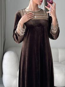 Yasmyna Gaun Pesta Kasual Wanita dengan Motif Jala dan Patchwork - Coklat - View 5