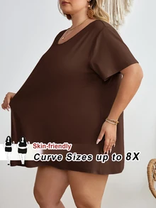 SHEIN CURVE+ 大尺碼女款純色圓領短袖休閒百搭T恤 - 棕色 - 查看 9