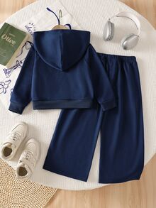 SHEIN ChillGRL Streecool 青少女 2 件套秋季服飾，常規厚度針織休閒百搭連帽拉鍊外套與寬鬆寬腿長褲套裝，馬術運動圖案印花，適合休閒運動 - 藏蓝色 - 查看 2