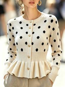 Pariaura Women's Autumn/Winter Polka Dot Pattern Ruffle Hem Knit Cardigan - Apricot - View 5