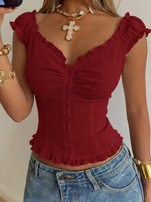 SHEIN EZwear 酒紅色編織波浪邊女款襯衫 - 酒紅色 - 查看 7