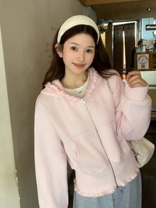 DAZY Pink Ruffle Trim Hooded Zipper Waist-Cinching Ruched Hem Long Sleeve Cropped Casual Cute Sweatshirt Jacket Fall - Pink - View 5