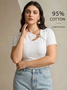 Anewsta Plus Size Women's Solid Color Metal Decor Casual Daily T-Shirt - White - View 3