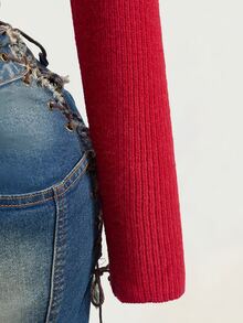 Mistrie Burgundy Ribbed Square Neck Long Sleeve Knit Crop Top With Metal Buckle Thin Strap Slim Fit Exposed Waist Sexy Knit Sweater - Burgundy - View 6