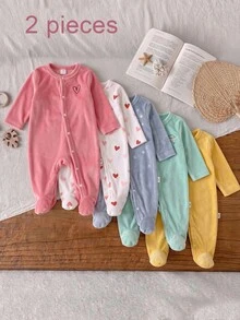 2pcs Newborn Soft Cozy Silver Fox Fleece Heart Print Pink Heart Embroidered Long Sleeve Button-Up Footed Rompers - Multicolor - View 8