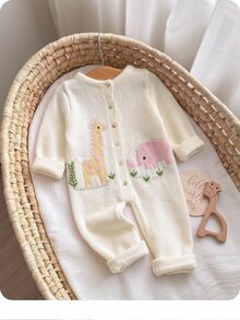 SHEIN 新生女嬰秋冬款可愛卡通圖案長袖針織連身衣 - 米色 - 查看 3