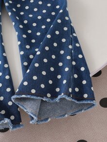 波點牛仔喇叭褲附後方蝴蝶結、毛邊褲腳，兒童春秋休閒套裝，女孩時尚日常穿搭 - 藍色 - 查看 8