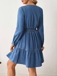 EMERY ROSE Women's V-Neck Pleated Casual Everyday Summer Denim Dress - Blue - View 3