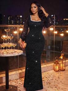 Fleurora Plus Size Exquisite Sequin & Faux Pearl Decorated Dress - Black - View 3