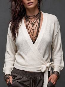 Linhara CURVE Women Fall Winter Elegant Wrap V-Neck Knit Sweater, White Lantern Long Sleeve Side Tie Solid Knit Top Office Wear - Beige - View 4