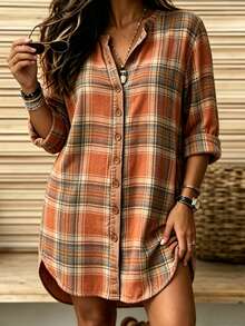 Holdful Holdful Women's Plaid Single-Breasted Casual Loose Fit Shirt - White - View 7
