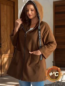 EMERY ROSE Plus Size Pocket Zipper Hooded Jacket Casual Outerwear Fall Winter 2026 - Coffee Brown - View 1