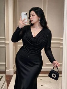Vibekara Plus Size Sexy Scoop Neck Fitted T-Shirt Fall - Black - View 5