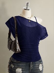 SHEIN ICON Plus Size Women Solid Color Asymmetrical Shoulder Casual Daily T-Shirt - Navy Blue - View 6