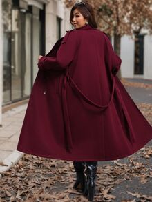 Reflora Mantel Kasual Musim Dingin Wanita Ukuran Besar Warna Polos Kancing Ganda Lengan Panjang dengan Saku - Burgundy - View 2