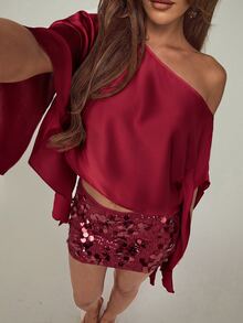 Aloruh Women's Elegant Party Asymmetric Neckline Top & Sequin Skirt 2 Pieces Set - Burgundy - View 4