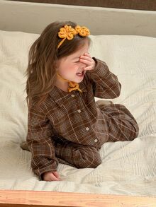 Dazy Kids Infant (Girl) Plaid Collar Long Sleeve Shirt And Long Pants 2 Pieces Set Loungewear Fall - Coffee Brown - View 4