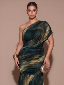 SHEIN BAE CURVE Plus Size Women's Tie-Dye One Shoulder Ruched Dress Fall - Multicolor - View 6