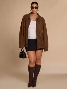SHEIN BAE CURVE 大尺碼女款卡其色寬鬆方正夾克外套 冬季 - 巧克力棕 - 查看 7