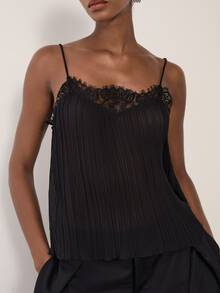 MERLEAU Women's Modern Black Pleated Contrast Lace Design Camisole Top - Black - View 4