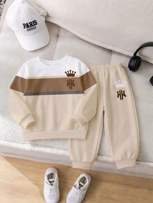 2pcs Toddler Apricot Crown NY Letter Print Fleece Crew Neck Sweatshirt And Matching Print Sweatpants Set, Colorblock Striped, Sports Outdoor Casual, Suitable For Autumn/Winter - Multicolor - View 2