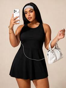SHEIN Rhythm Era Rhythm Era Plus Size Women's Floral Print Criss-Cross Back Sports Dress With Shorts - Black - View 1