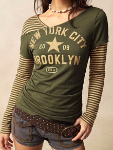Bohemela Women's Letter Print 2 In 1 Patchwork Casual Everyday Long Sleeve Top - Green - View 7