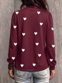 Trelyra Fashion Basic Retro Colorblock Red Base White Heart Print Round Neck Puff Long Sleeve T-Shirt - Multicolor - View 2