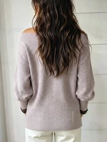 SHEIN LUNE Women's Solid Color Off-Shoulder Casual Everyday Long Sleeve T-Shirt - Apricot - View 2