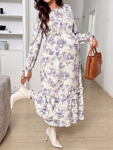 SHEIN 孕婦哺乳花卉印花時尚洋裝 - 紫色 - 查看 3