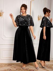 Modelyn Elegant Velvet Patchwork Silver Print Round Neck Cinched Waist A-Line Regular Fit Plus Size Dress For Spring And Autumn - Black - View 4