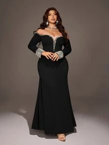 Viva Relle Plus Size Long Sleeve Mermaid Dress Elegant Formal Gown Fall - Black - View 5