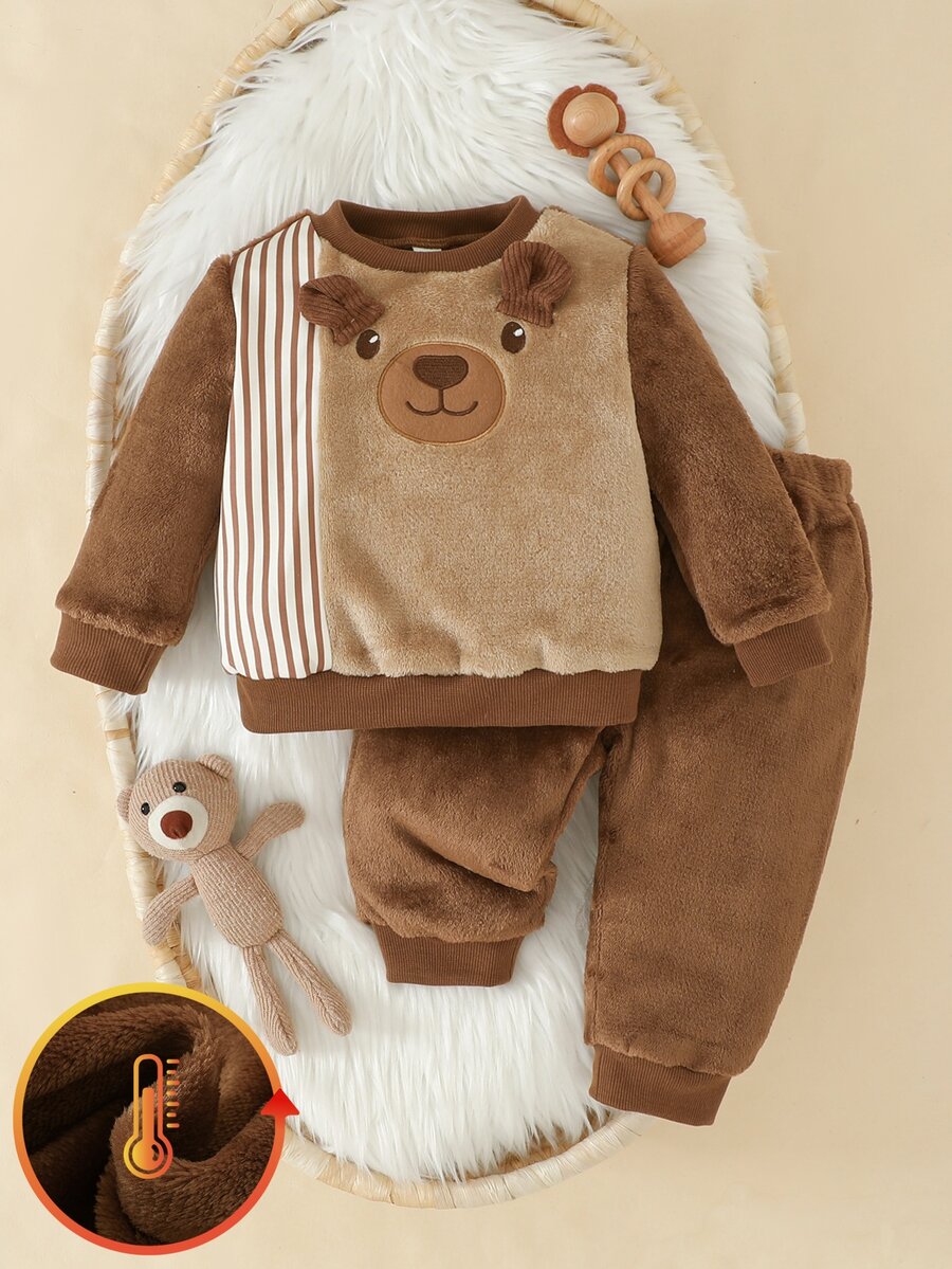 SHEIN Playful Pals 男嬰冬季抓絨套裝,可愛熊刺繡套頭衛衣與加厚保暖長褲,2件套,幼兒秋冬外套 - 棕色 - 查看 1