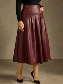 MOTF PREMIUM PLUS SIZE WOMEN'S PU LEATHER MID-LENGTH FOLD PLEATED FLARED SKIRT - Burgundy - View 3