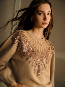 MOTF PREMIUM WOMEN'S PATCHWORK SEQUIN & BEADED DECOR DROP SHOULDER LOOSE LANTERN SLEEVE SWEATER - Khaki - View 1