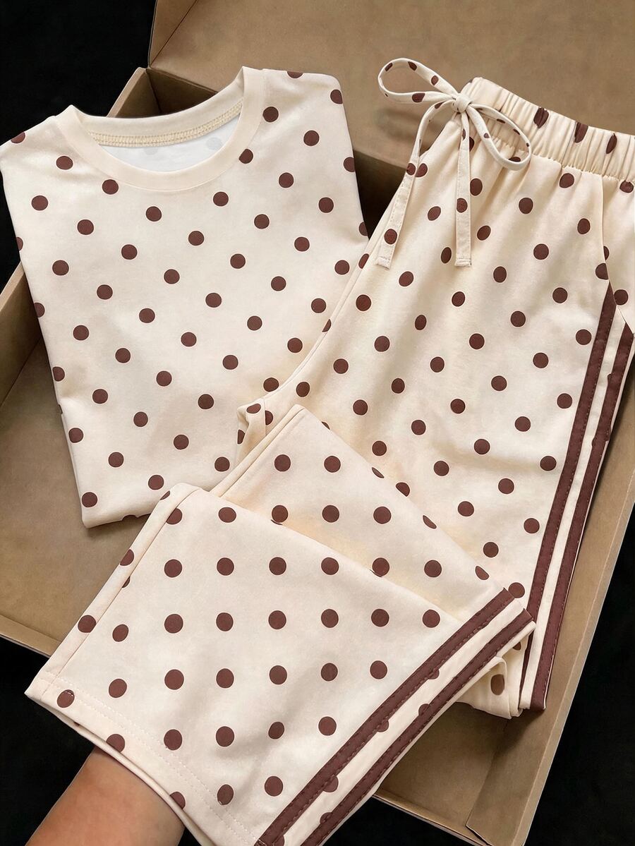 Comfortcana 2pcs/Set Casual Plus Size Women's Polka Dot Pattern Apricot T-Shirt & Pants, Suitable For Summer - Multicolor - View 1